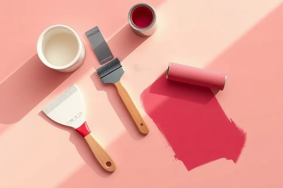 Outils de peinture disposés dans l'ordre des étapes du chantier