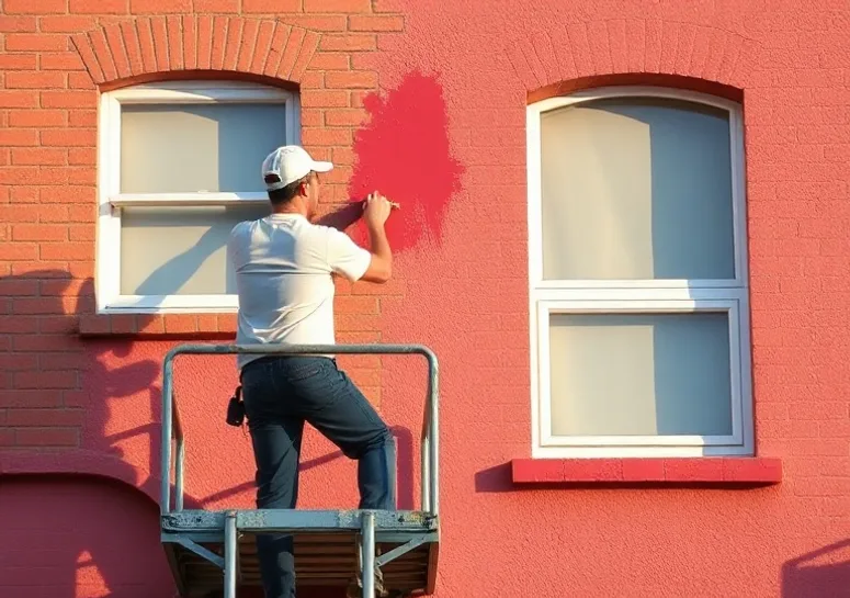 Peintre sur échafaudage traitant la façade d'une maison